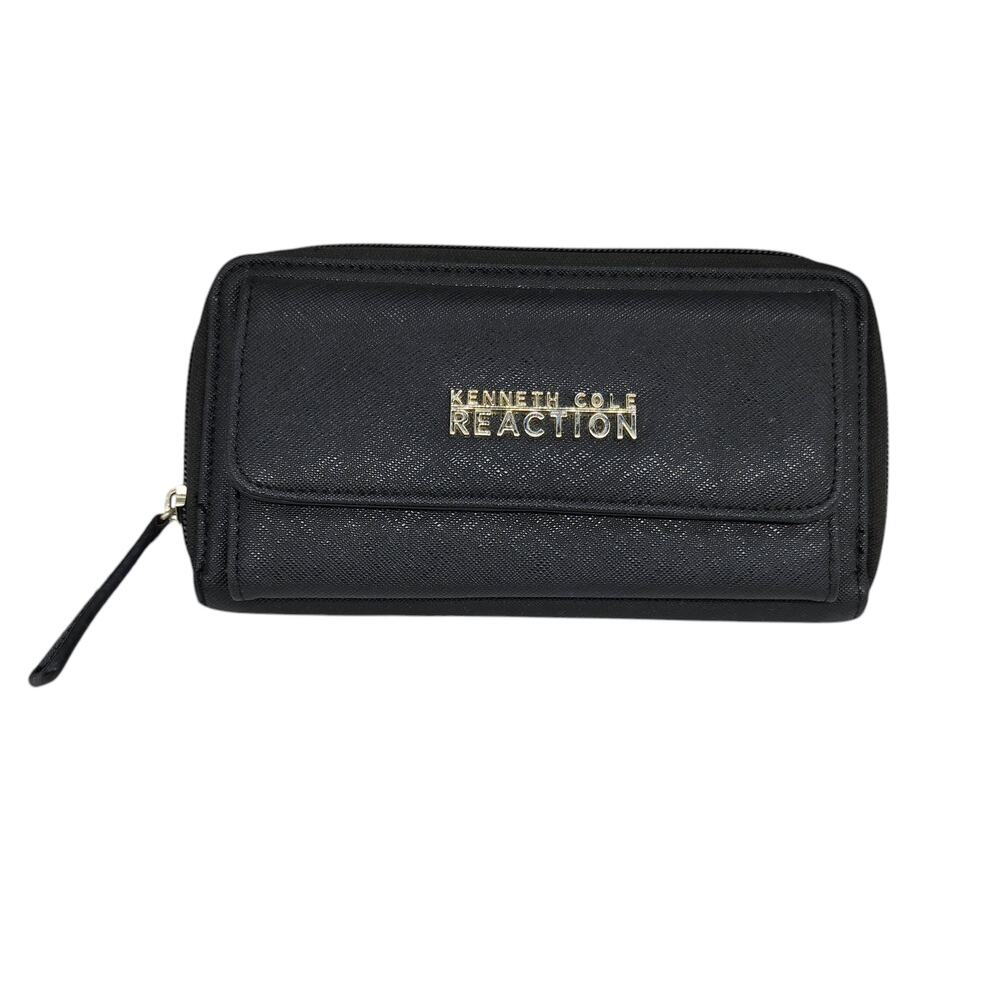 Kenneth Cole Reaction Wallet Black Gold Full Sized Zip Around Multi Compartment